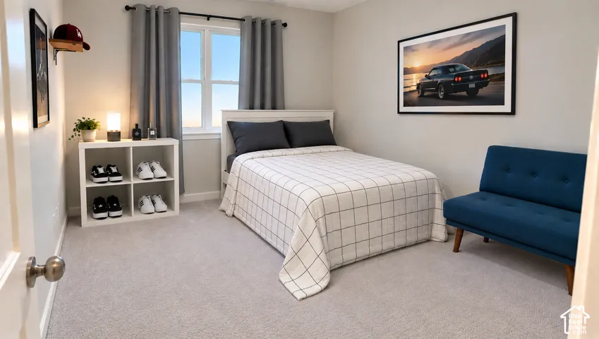 Soft gray carpeting, neutral wall paint, and a bright window with substantial trim