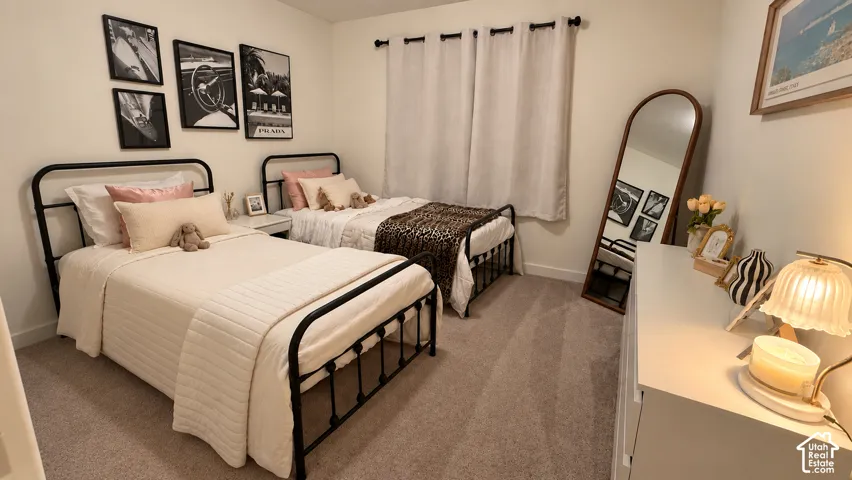 Plush carpet flooring, white painted walls, and window treatments