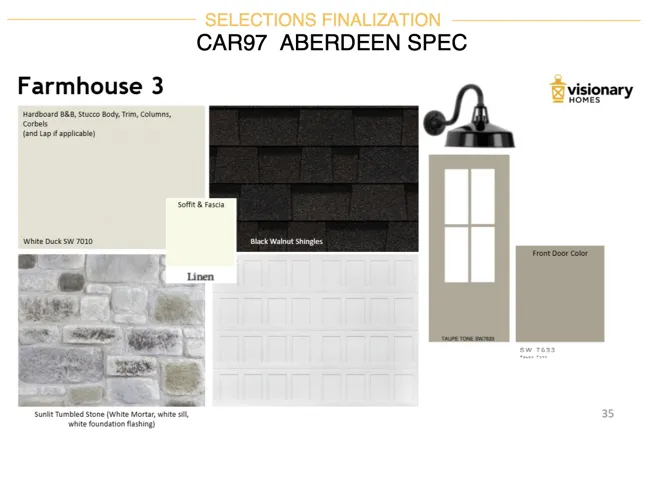 Selections Finalization, CAR97 Aberdeen Spec. Detailing exterior material and color selections for the property