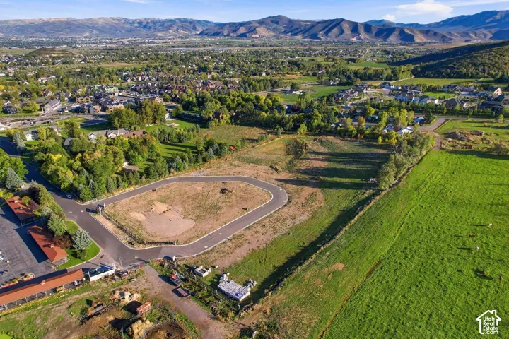 Expansive land parcel featuring a paved cul-de-sac and surrounding green space, bordered by mature trees and residential areas