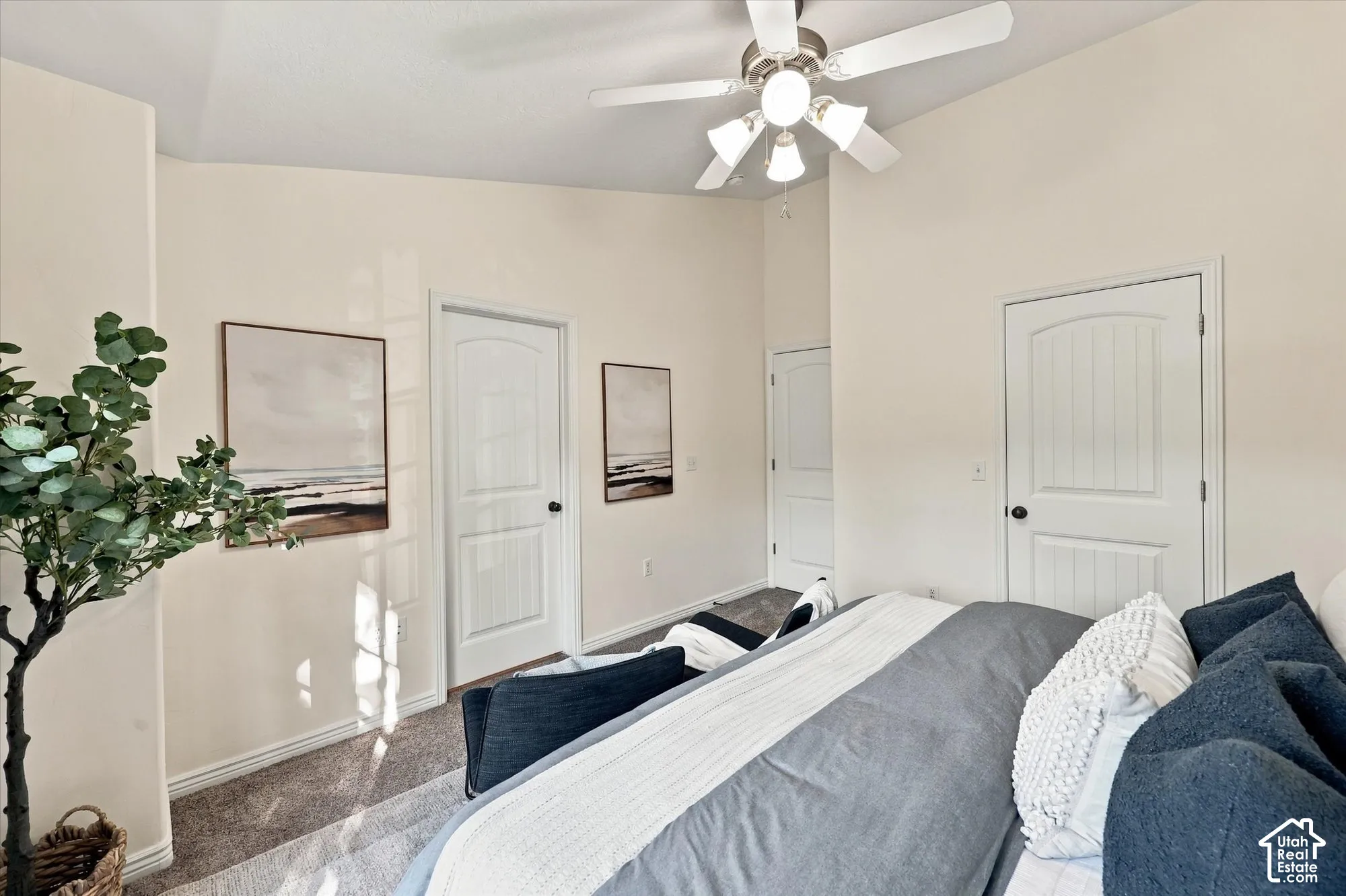 Master bedroom with vaulted ceiling and brand-new carpet