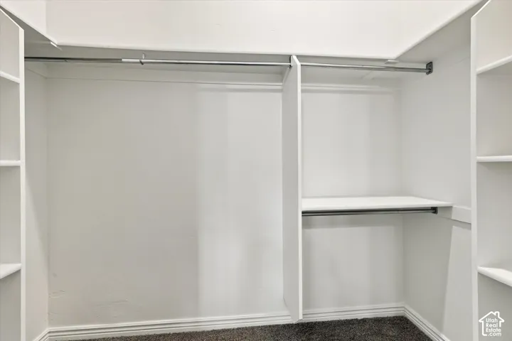 Integrated shelving units, multiple clothing rods, and wall-to-wall carpeting