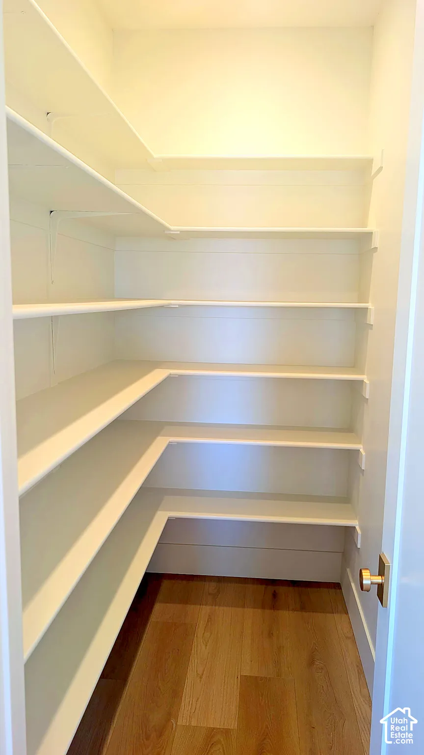 Storage area featuring wrap-around fixed white shelving and wood-finish flooring