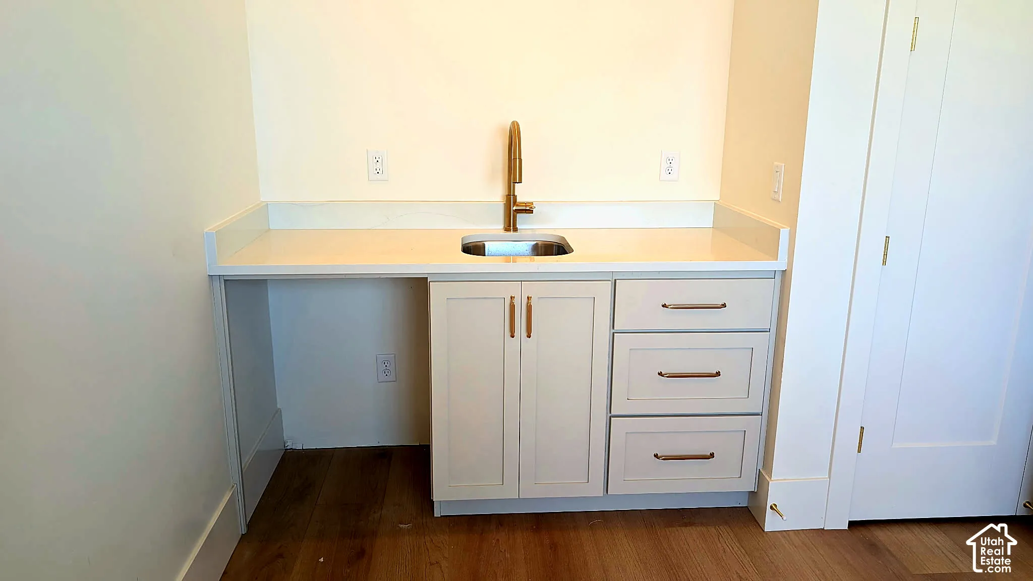 Custom built-in cabinetry with shaker-style doors, light-toned countertop, undermount sink with metallic finish faucet, and wood-finish flooring