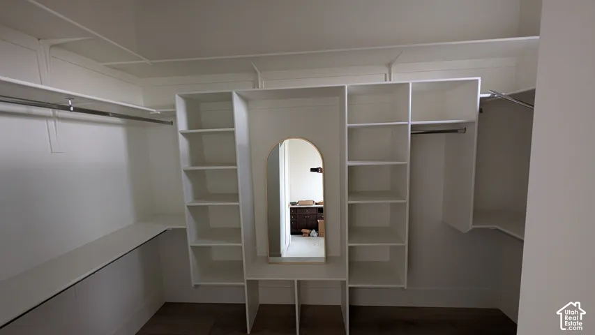 Expansive closet featuring integrated shelving, multiple hanging rods, and wood-finish flooring