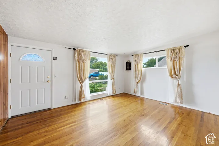 Hardwood flooring, white paneled entry door with decorative glass insert, multiple windows, and light-toned walls