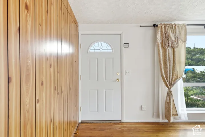 Wood-panel accent wall, white entry door with decorative glass inlay, brass door hardware, wood-finish flooring, and a large window