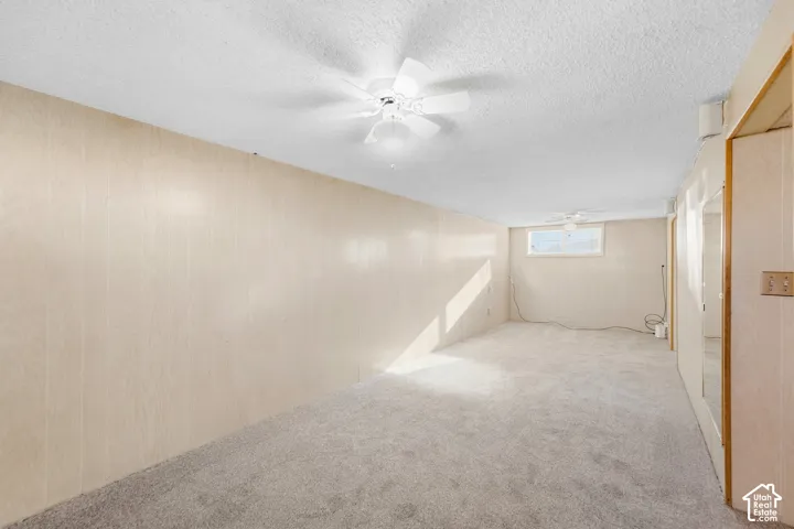 New carpeted flooring, paneled wall finishes, ceiling fans, and a window for natural light