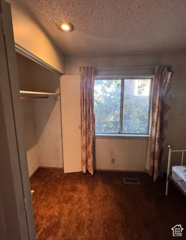 Recessed ceiling lighting, built-in closet shelving, and a window with natural light