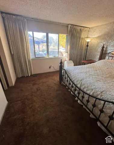 Wall-to-wall carpeting, textured wall covering, and a window with roller shade