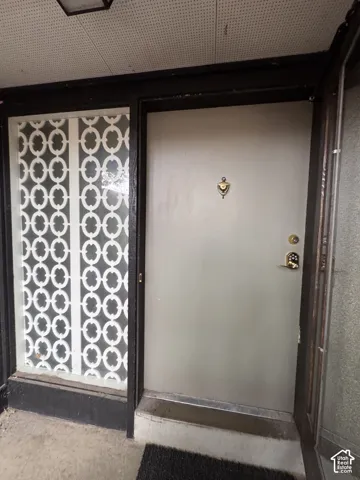 Entry door with a decorative security screen and a brass knocker