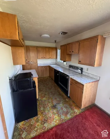 U-shaped kitchen layout featuring wood cabinetry, light-toned countertops, and a double basin sink