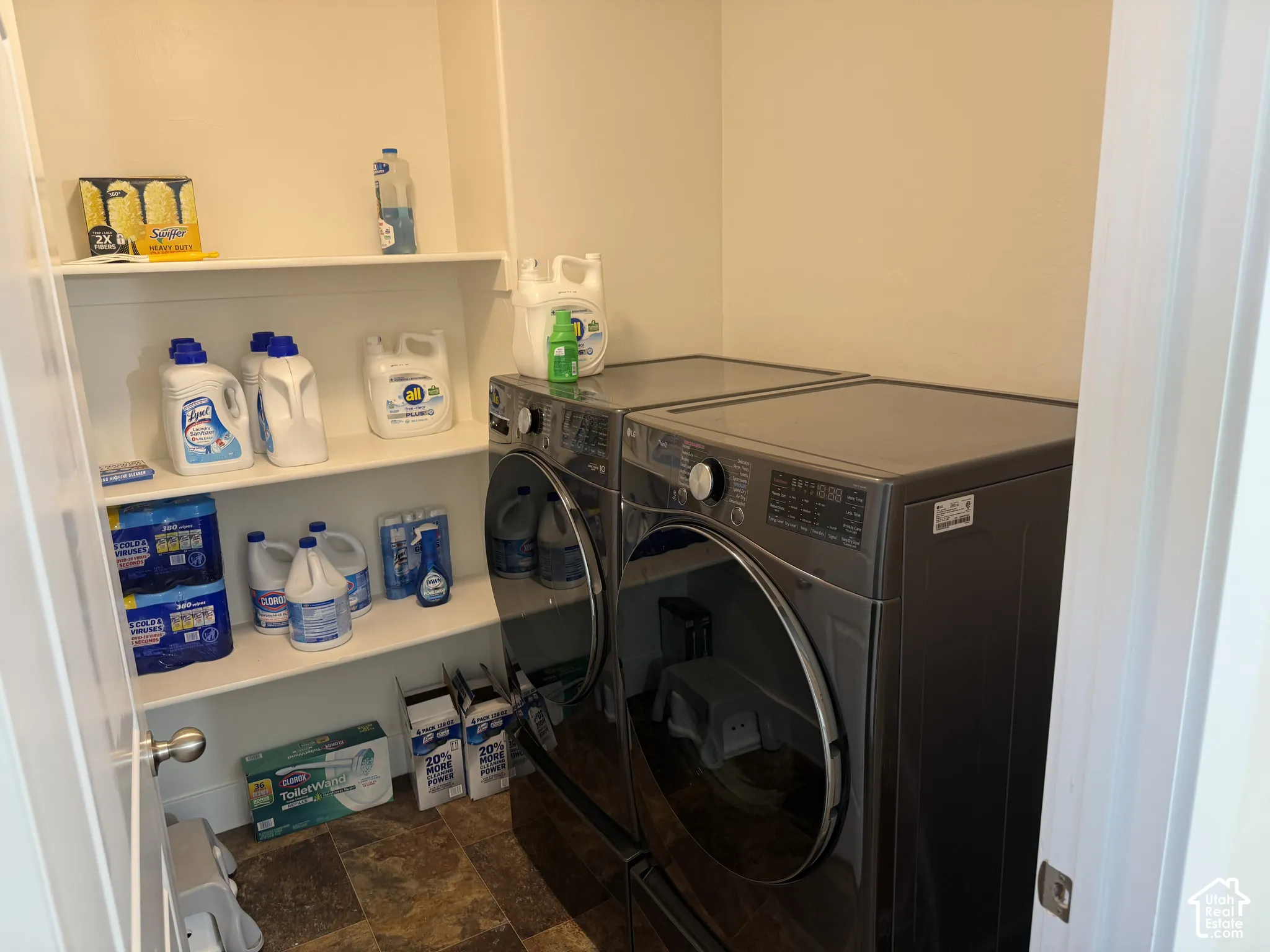 Built-in shelving with multiple levels, durable tile flooring