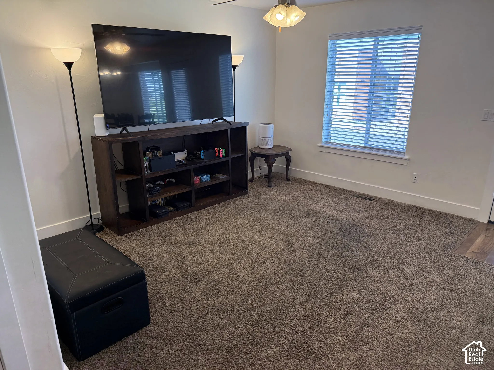 Carpeted living area with a ceiling fan, window with blinds, and wood-finish flooring at the entrance