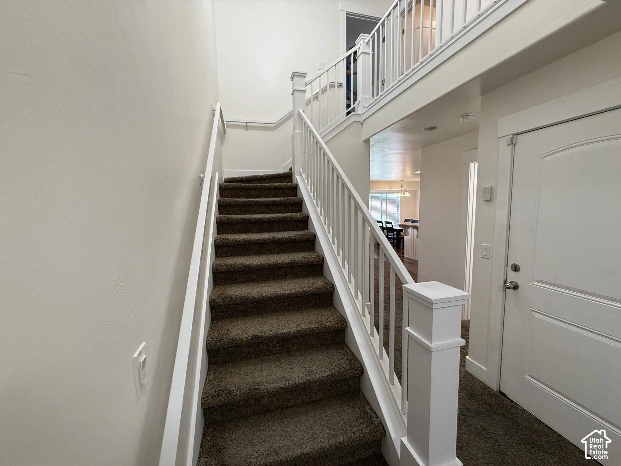 Carpeted staircase with white railings, white interior door, and overhead lighting