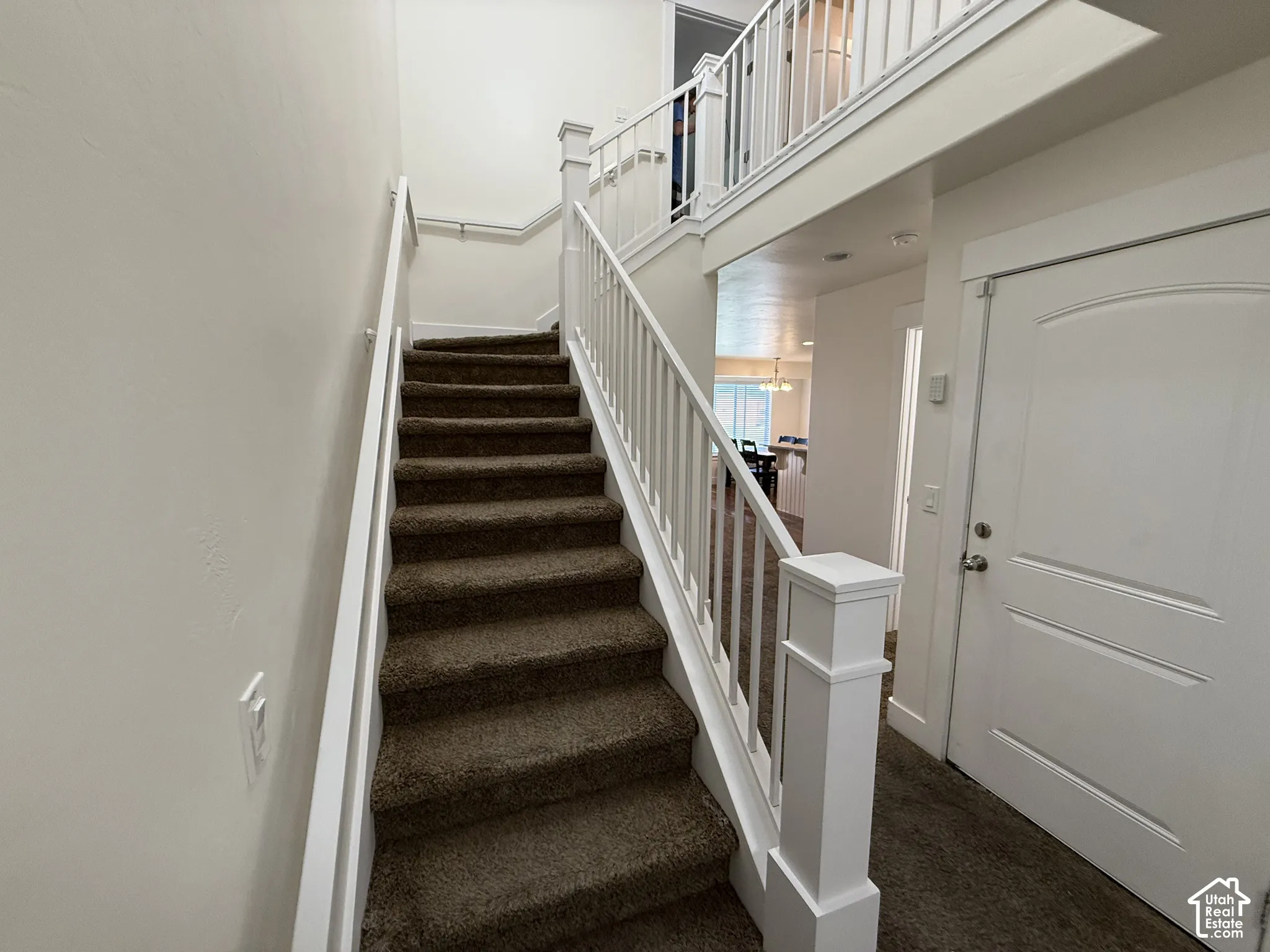 Carpeted staircase with white balusters and handrails, featuring an upper-level landing