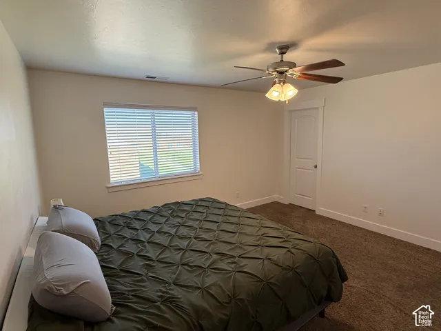 Carpeted flooring, ceiling fan with light fixture, window with blinds, and a white interior door with trim