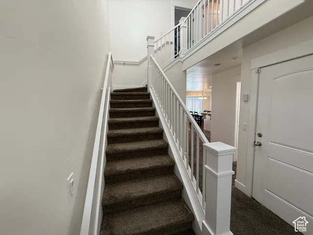 Carpeted staircase with white railings, white interior door, and overhead lighting