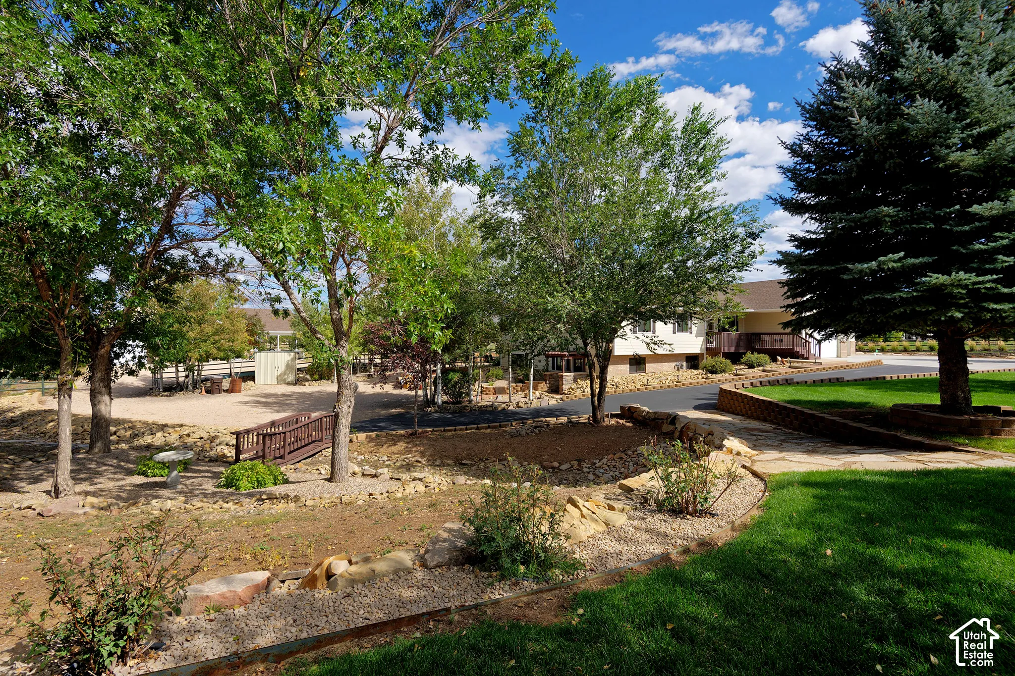 Expansive front yard featuring mature trees, a manicured lawn, a stone walkway, and a paved driveway