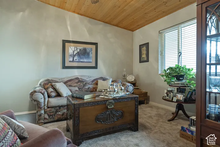 Wood-finish ceiling, light gray walls, window with blinds, and carpeting