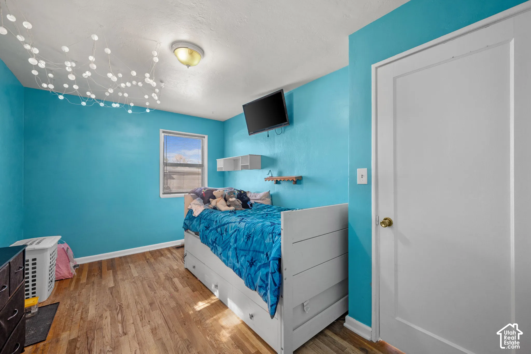 Wood-finish flooring, white trim, single window, and a ceiling-mounted light fixture