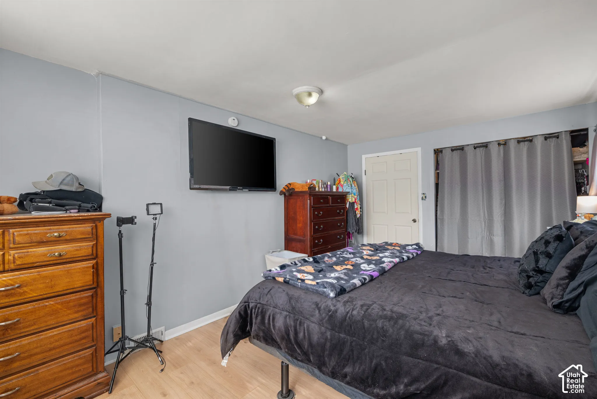 Wood-finish flooring, light blue wall paint, and a ceiling-mounted light fixture