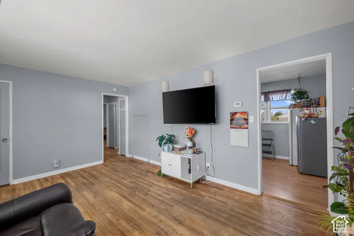 Hardwood flooring, light gray wall finishes, and white trim