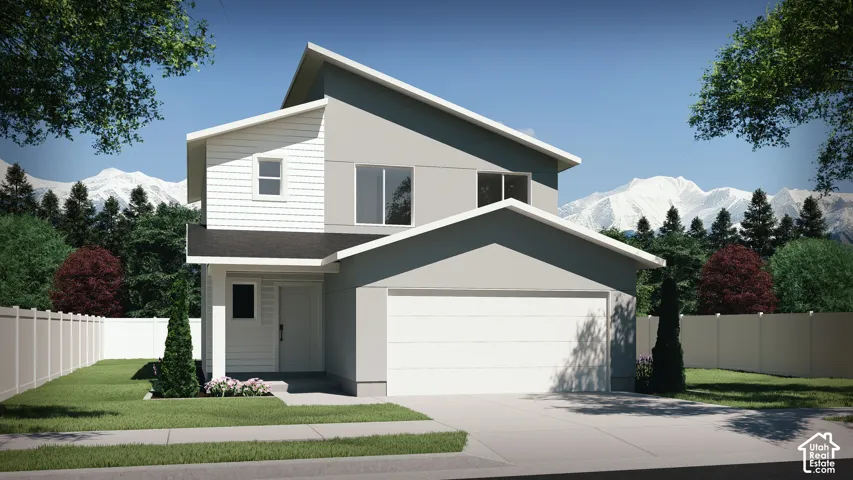Contemporary exterior architecture with a multi-pitch roofline, attached two-car garage, and a white privacy fence