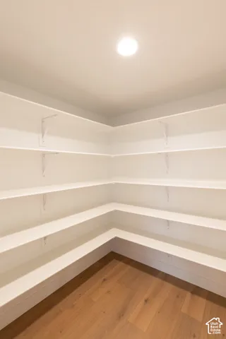 Recessed ceiling lighting, wood-finish flooring, and extensive built-in shelving