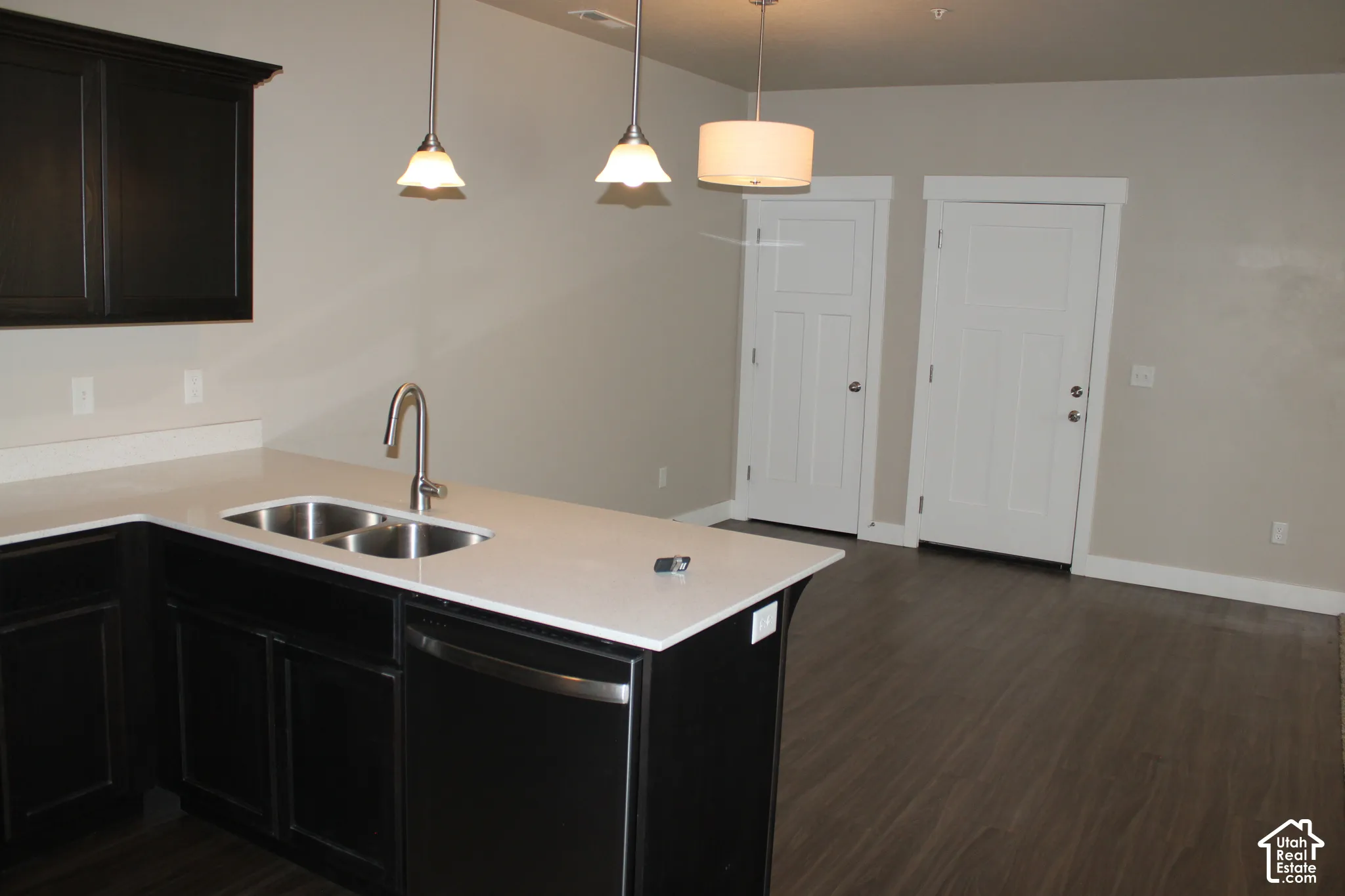 Kitchen island with double basin sink, stainless steel faucet, and dishwasher looking toward the front door and coat closet