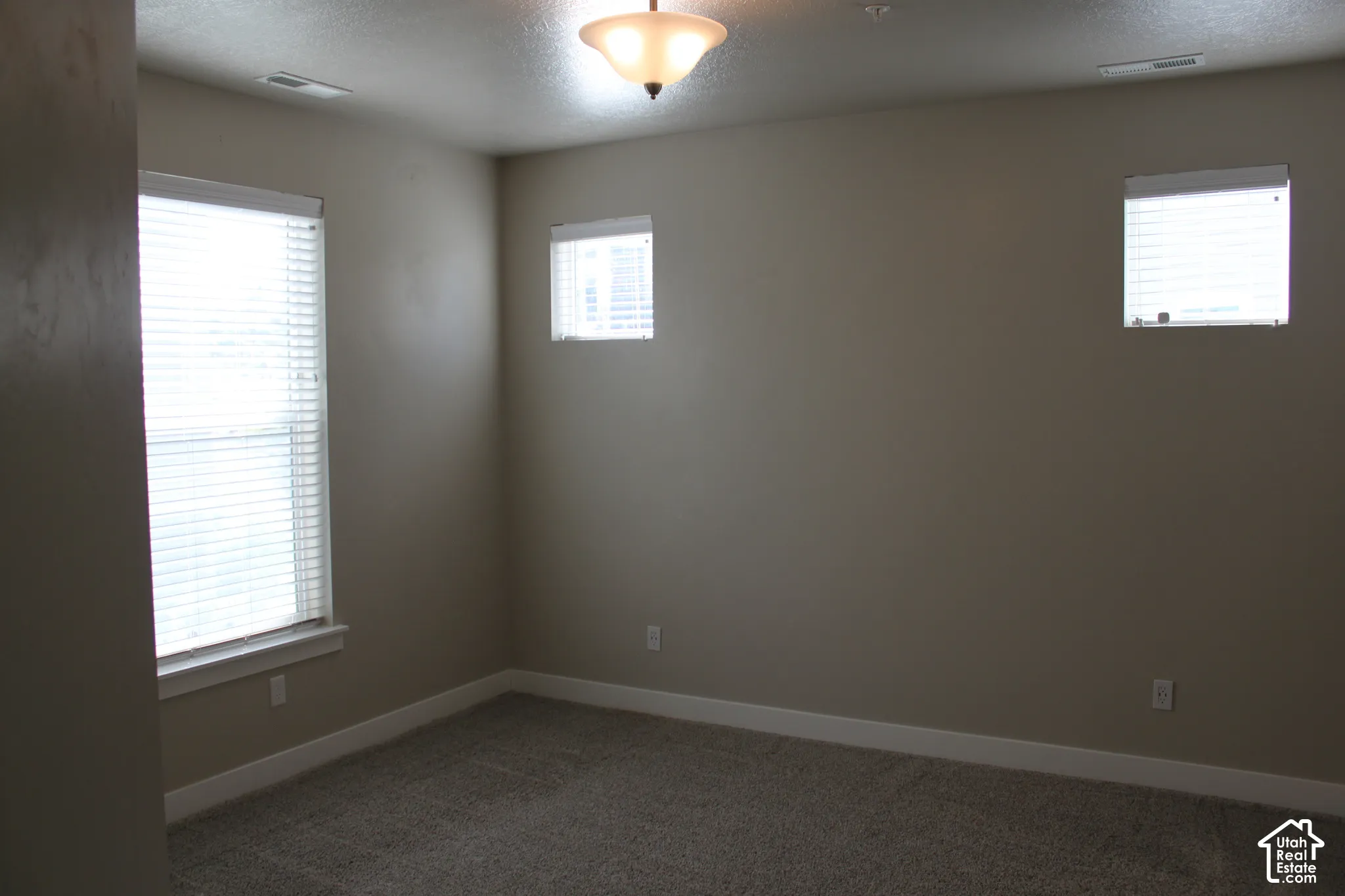 Large primary bedroom featuring multiple windows, a ceiling-mounted light fixture, and neutral wall tones