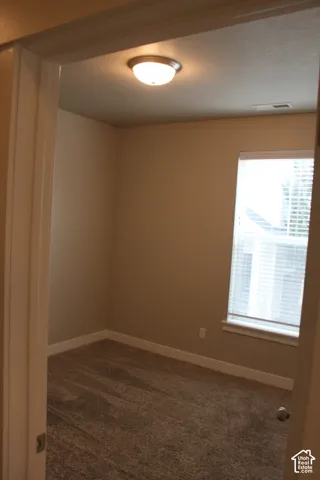 Neutral-toned walls complement the textured gray carpeting in bedroom 1 with a closet