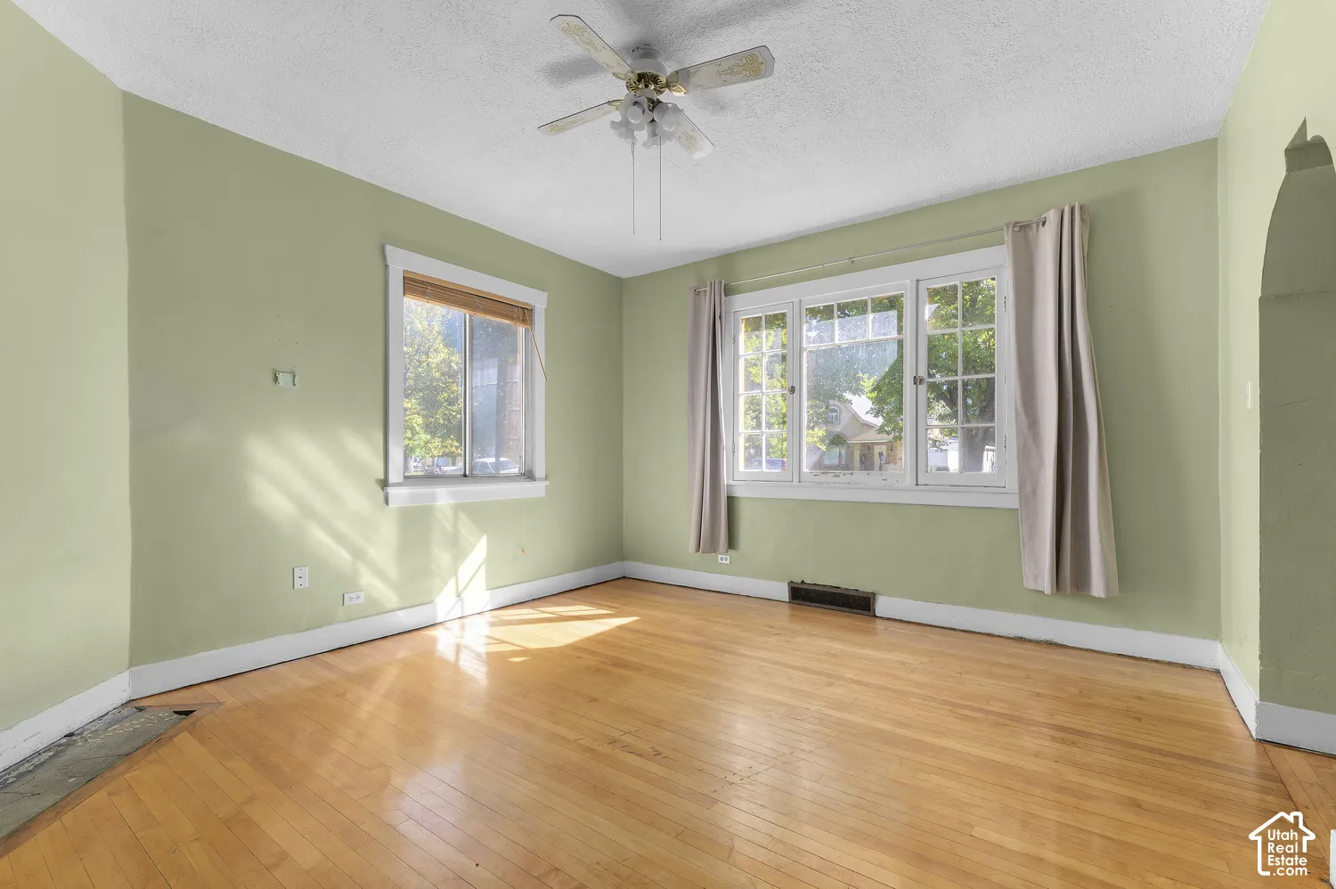 Hardwood flooring, painted walls, ceiling fan, and multiple windows