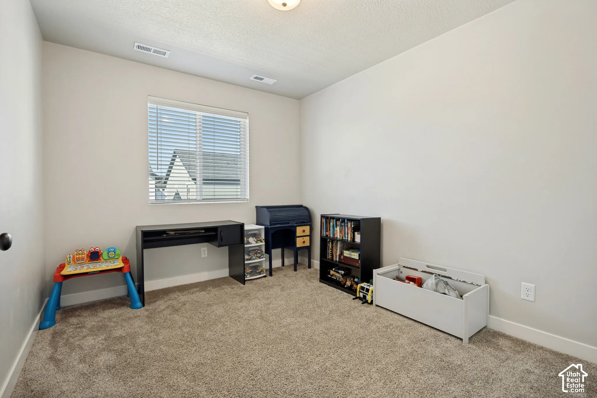 Neutral wall color, window with blinds, and carpeting