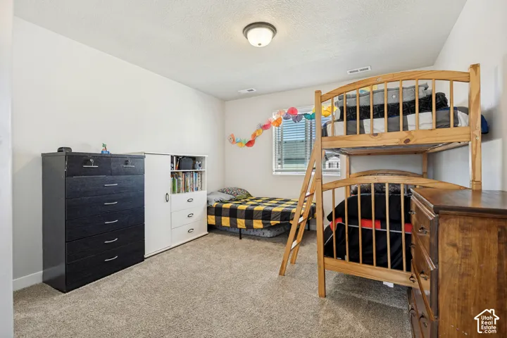 Carpeted flooring, window with horizontal blinds, and a flush-mount ceiling light