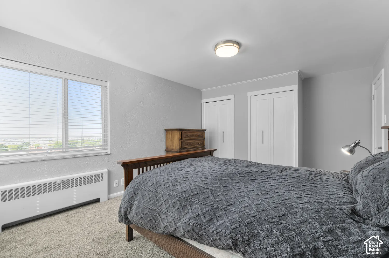 Light gray wall finish, neutral carpet, and a window with horizontal blinds