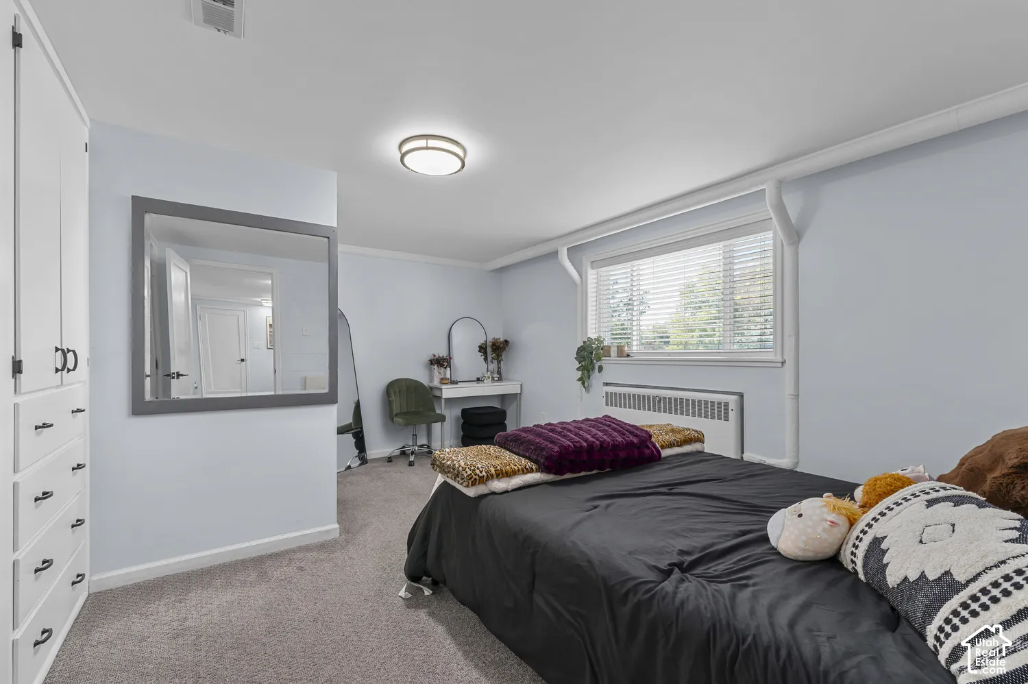 Built-in white cabinetry with dark hardware, a rectangular window with blinds, and light-colored carpeting