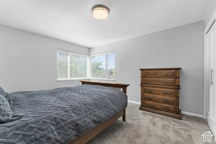 Corner window configuration, gray wall finish, flush mount ceiling light, and light gray carpet