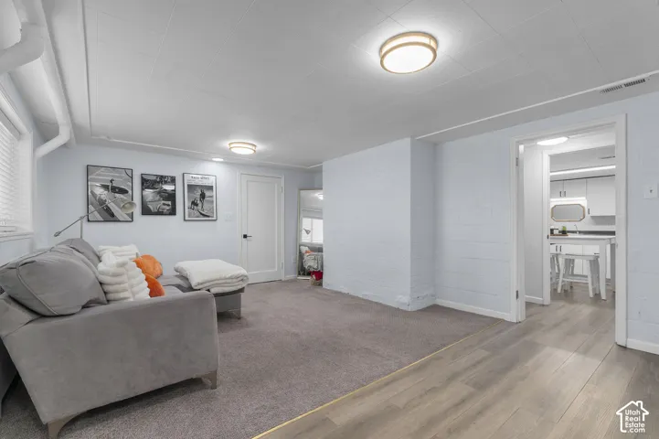Carpeted and wood-finish flooring, white paneled door, and recessed lighting fixtures