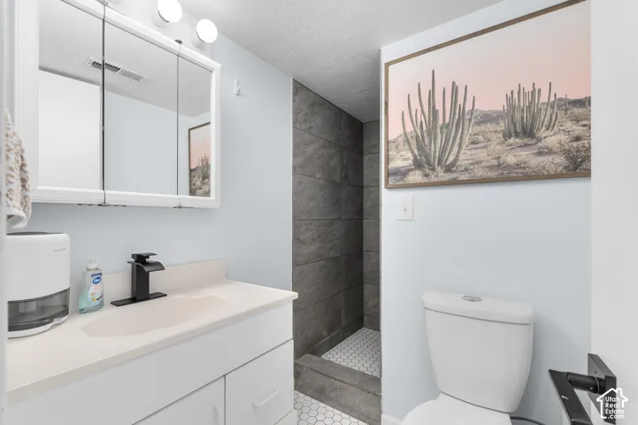 Bathroom featuring a vanity with a light-toned countertop, a black single-handle faucet, a medicine cabinet with mirrored doors, and a shower with dark gray wall tiles and white hexagonal floor tiles