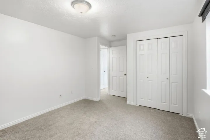 Recessed ceiling light fixture, neutral wall paint, light gray carpeting, white bi-fold closet doors, white interior doors