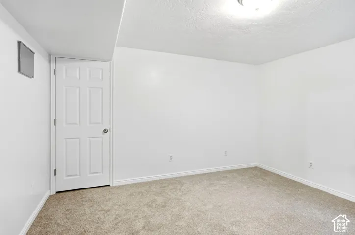 Carpeted flooring, white six-panel door, baseboard trim, wall outlets, ceiling light fixture
