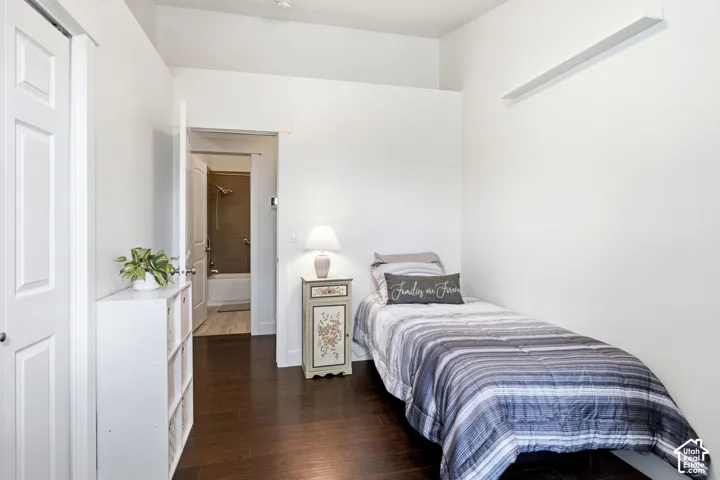 Dark wood-finish flooring, white paneled doors, and recessed lighting