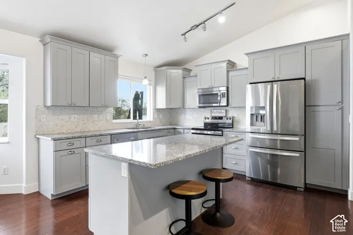 Kitchen featuring wood-finish flooring, light grey cabinetry, stainless steel appliances, granite countertops, and a vaulted ceiling