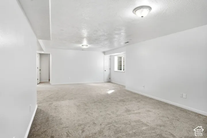 Spacious room with plush carpeting, neutral wall finishes, flush mount ceiling lighting, and a white window frame with louvered blinds