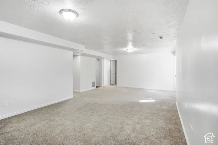 Spacious room featuring neutral carpeting, white painted walls, and overhead flush mount lighting