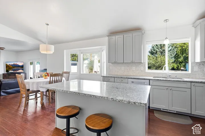 Updated kitchen featuring light gray cabinetry, a speckled countertop, a large kitchen island, and stainless steel appliances