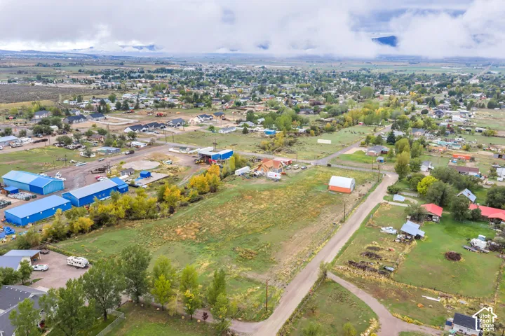 Expansive land parcel featuring open fields, mature trees, and a distant townscape
