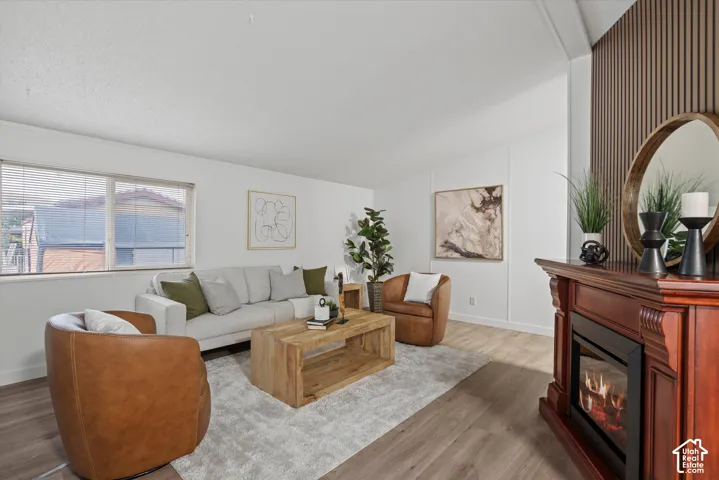 Large open living room with vaulted ceilings.