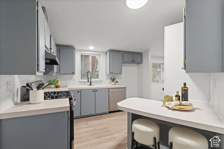 Kitchen featuring gray cabinetry, white countertops, built-in gas range, stainless steel dishwasher, and wood-finish flooring